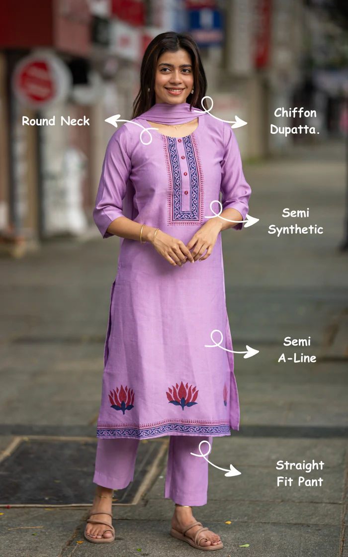 Lavender Cotton Straight Kurti set with Lotus Block print - Shareen
